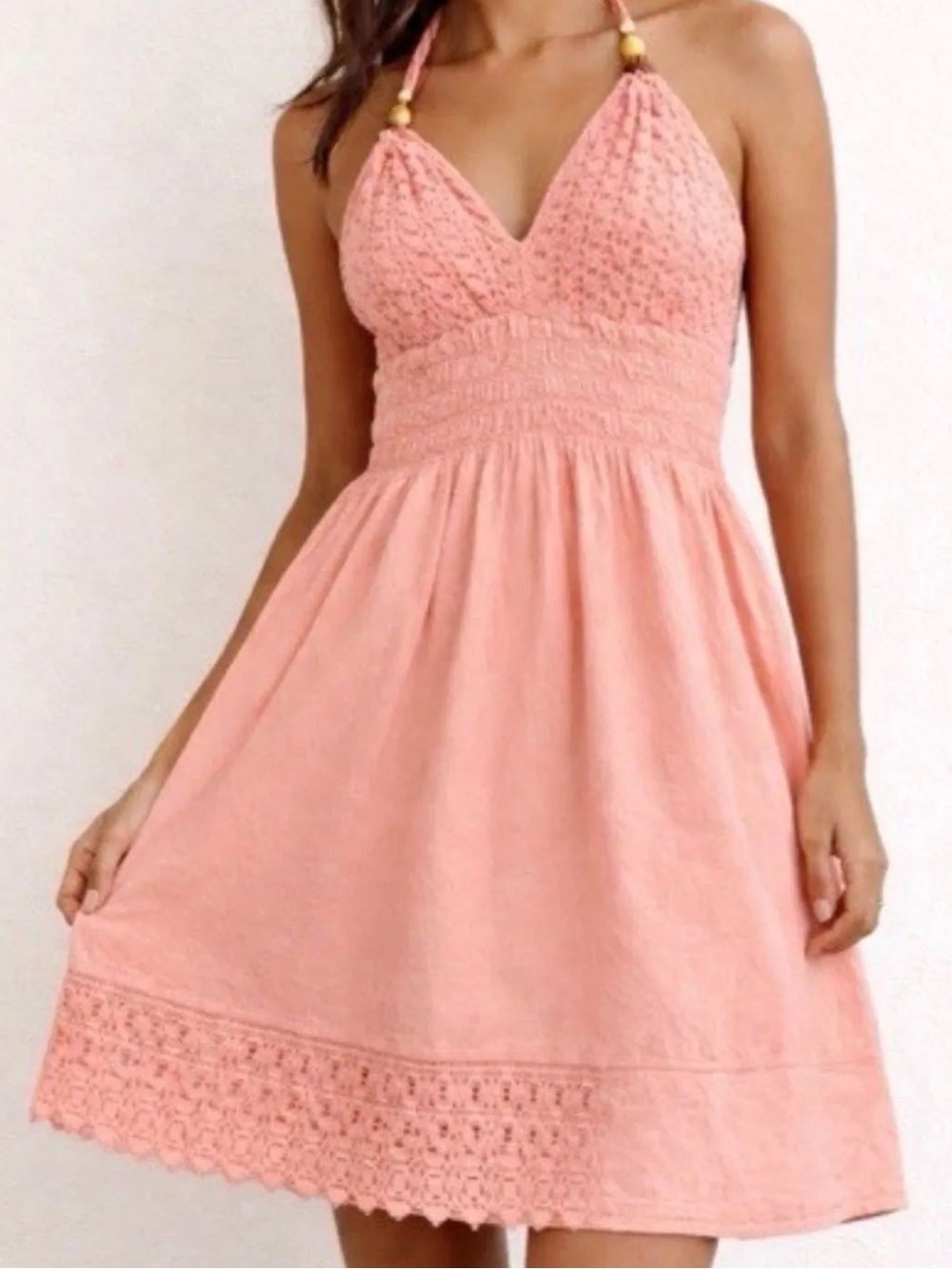#230-‎ Mossimo Supply Co. Coral Pink Crochet Halter Mini Dress